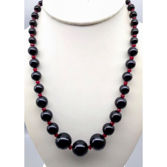 Graduated Lucite Gothic Beaded Necklace, Black Beads with Ruby Red Crystal Space - Picture 1 of 4